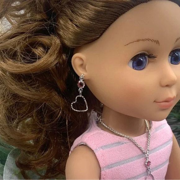 Silver Heart Pink Crystal Silver Doll Necklace Earring Set 14” Wellie Wisher 5/1 - Picture 6 of 15